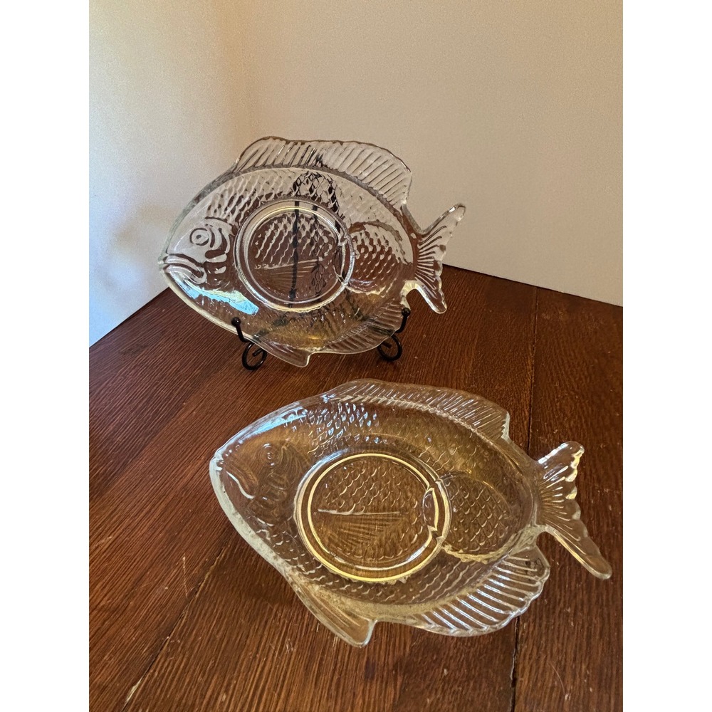 Vintage Clear Glass Fish Shaped Serving Plates Set of 2 Nautical Coastal Decor